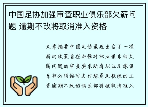 中国足协加强审查职业俱乐部欠薪问题 逾期不改将取消准入资格